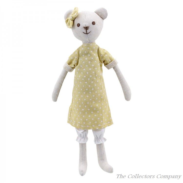 Wilberry Linen, Girl Bear Soft Toy by The Puppet Company, WB004223. Cuddly teddy bear