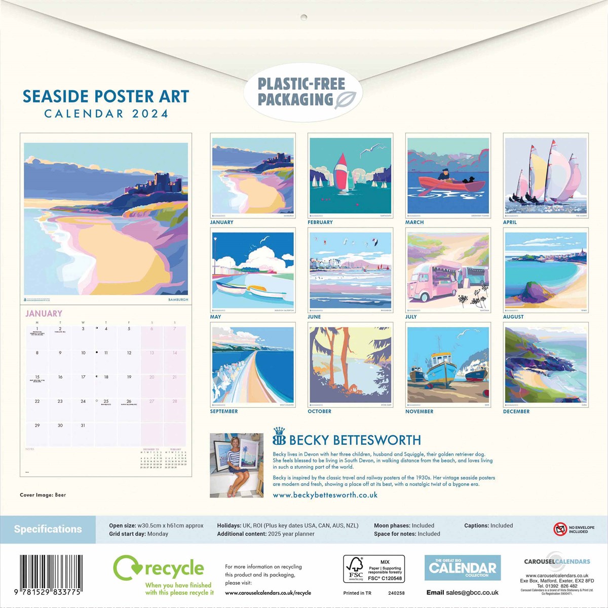 Becky Bettesworth Seaside Poster Art Wall Calendar 2024 by Carousel