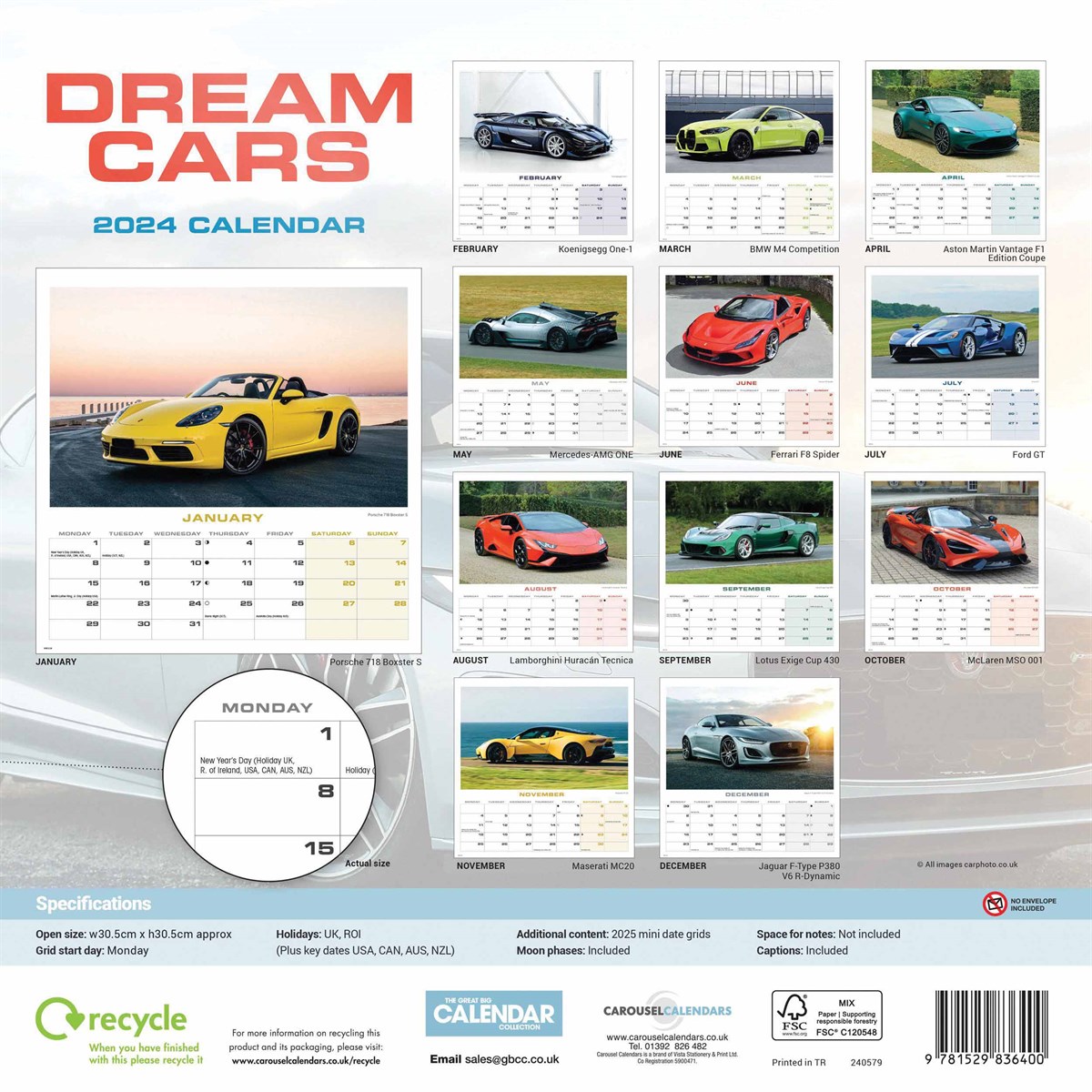 Dream Cars Wiro Wall Calendar 2024 by Carousel Calendars 240579