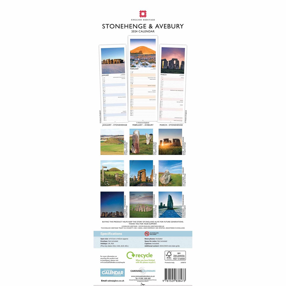 English Heritage Stonehenge & Avebury Slim Calendar 2024 by Carousel