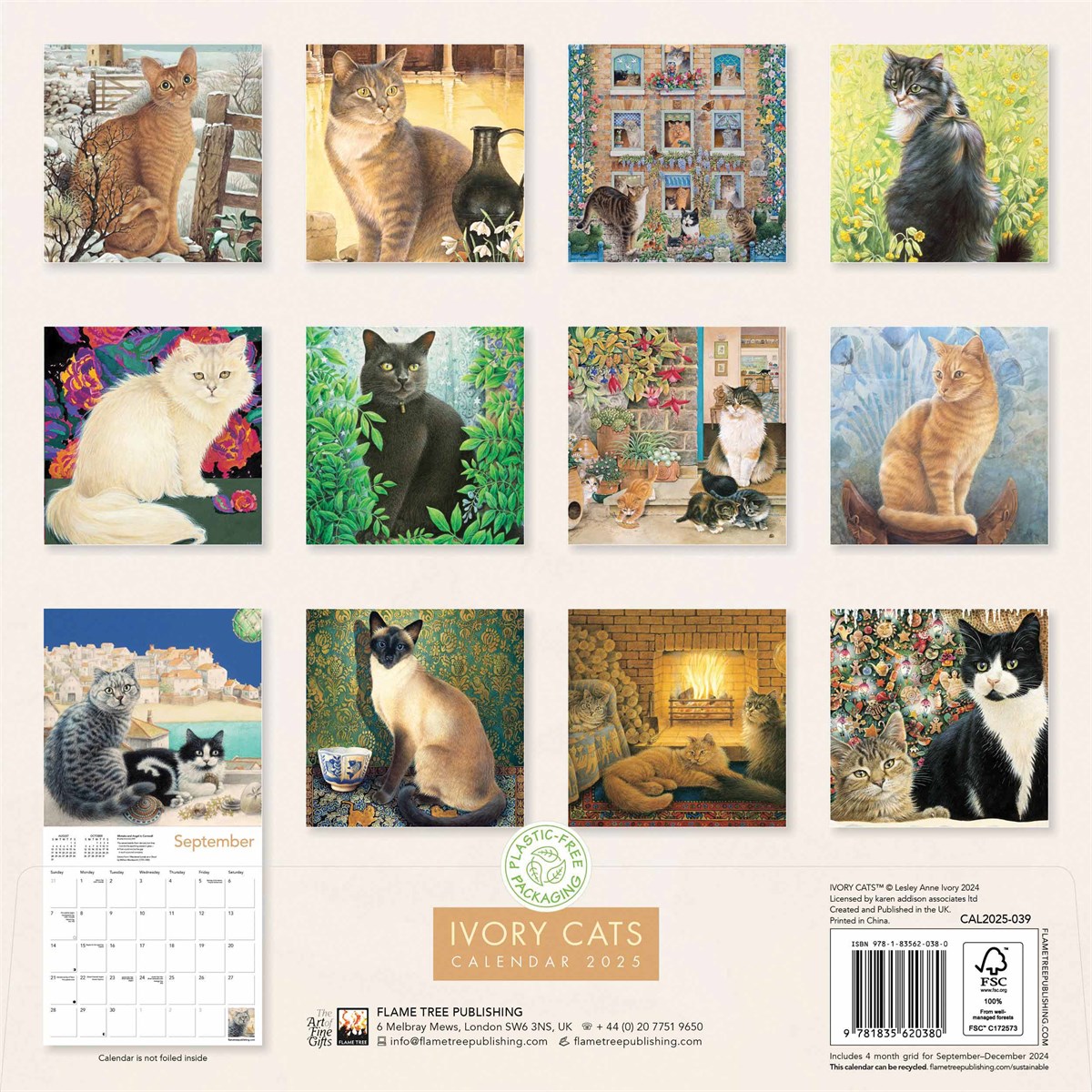 Ivory Cats Calendar 2025, Flame Tree Publishing 250873